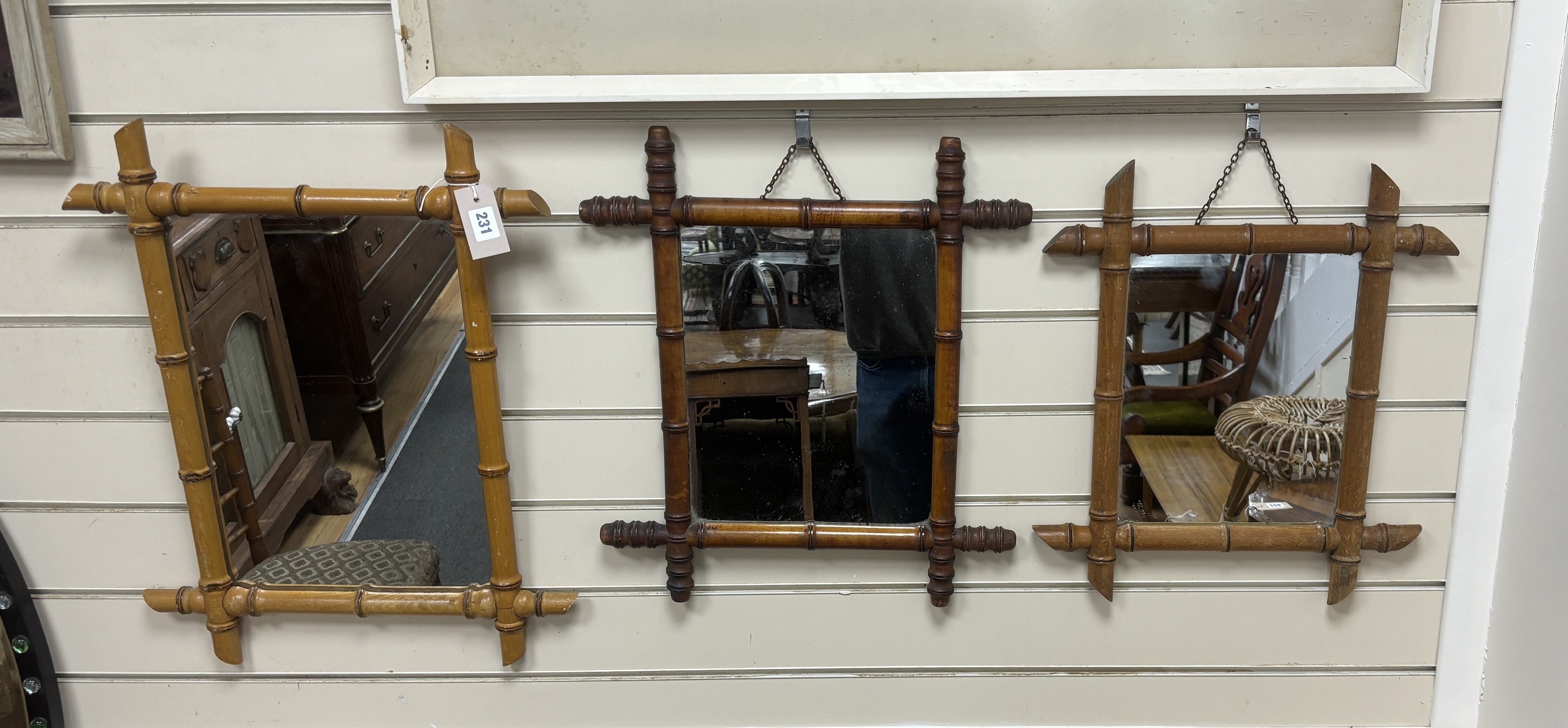 Three late 19th century French rectangular faux bamboo wall mirrors, largest width 46cm, height 58cm